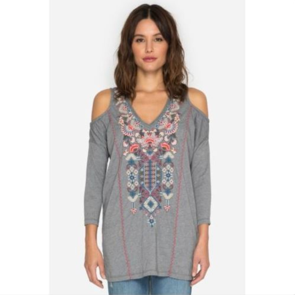 Johnny Was Nindi Coldshoulder Gray Embroidered Top